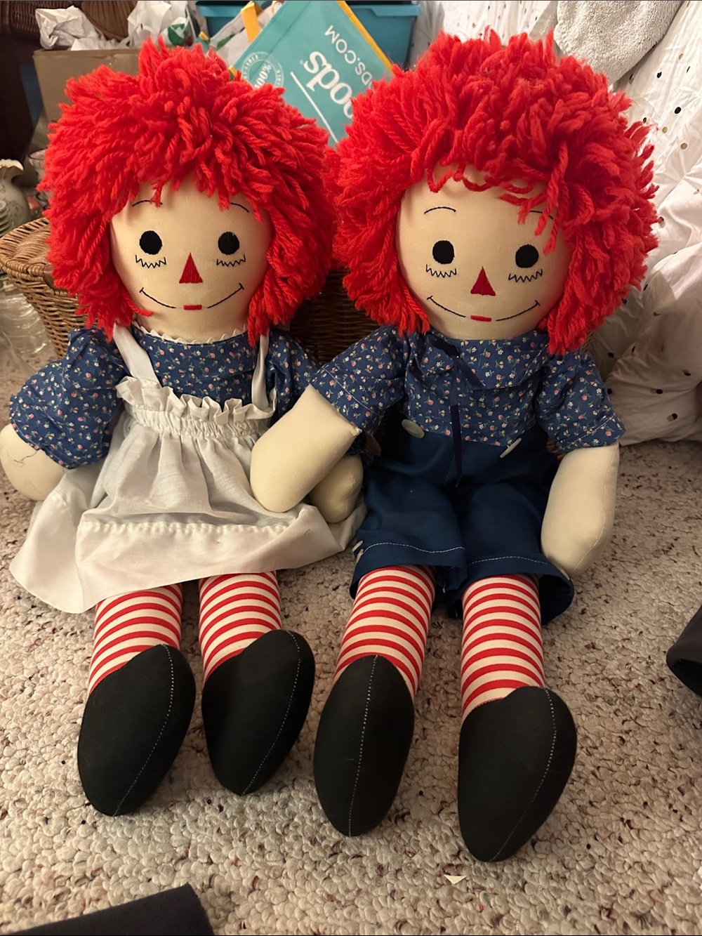 matching pair of classic Raggedy Ann and Raggedy Andy rag dolls 25”
